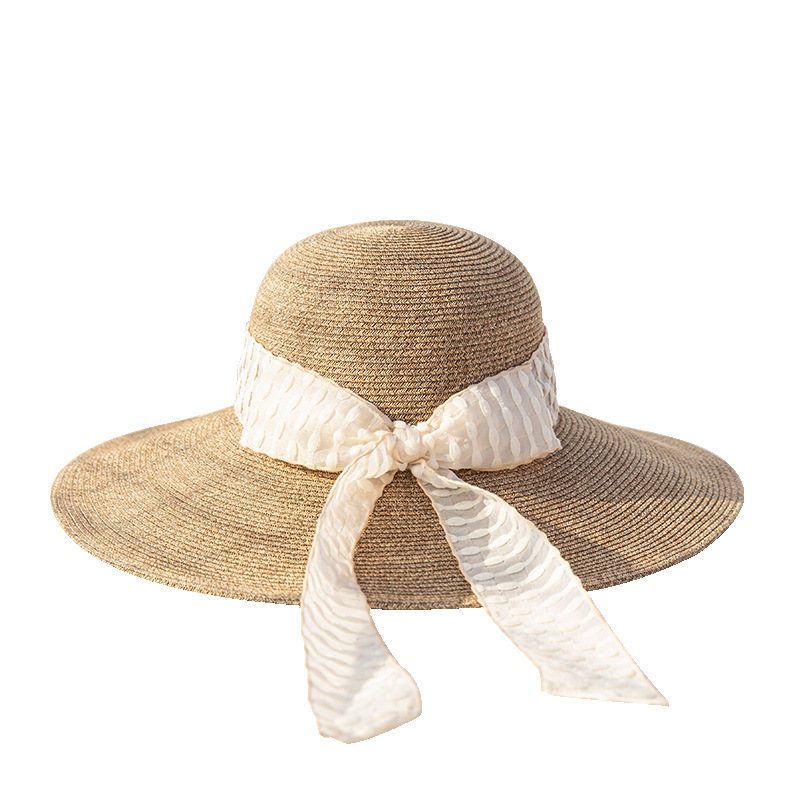 新款草帽遮阳女海边沙滩蝴蝶结飘带可折叠夏季出游太阳帽
