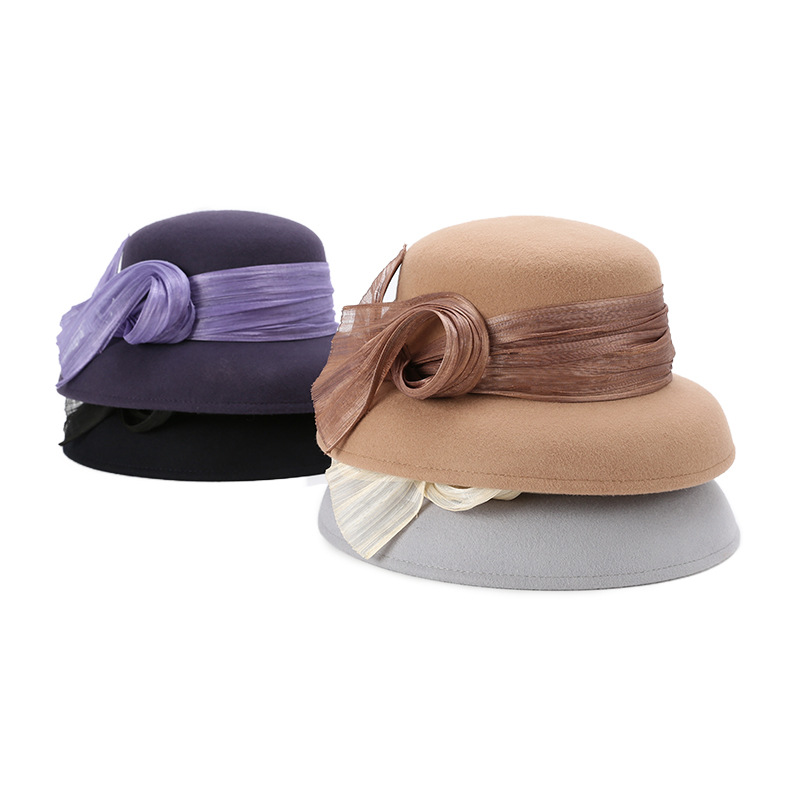 灵珑新款经典赫本帽弯檐真丝麻羊毛帽优雅法式礼帽