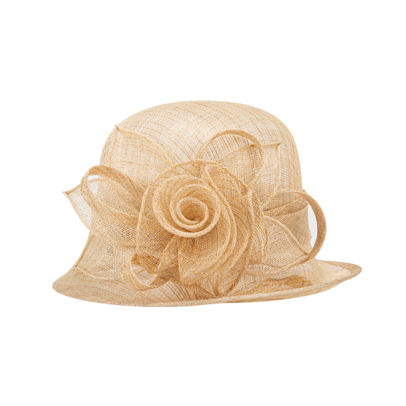 新款夏季遮阳帽出游防晒麻纱帽花朵装饰优雅礼帽
