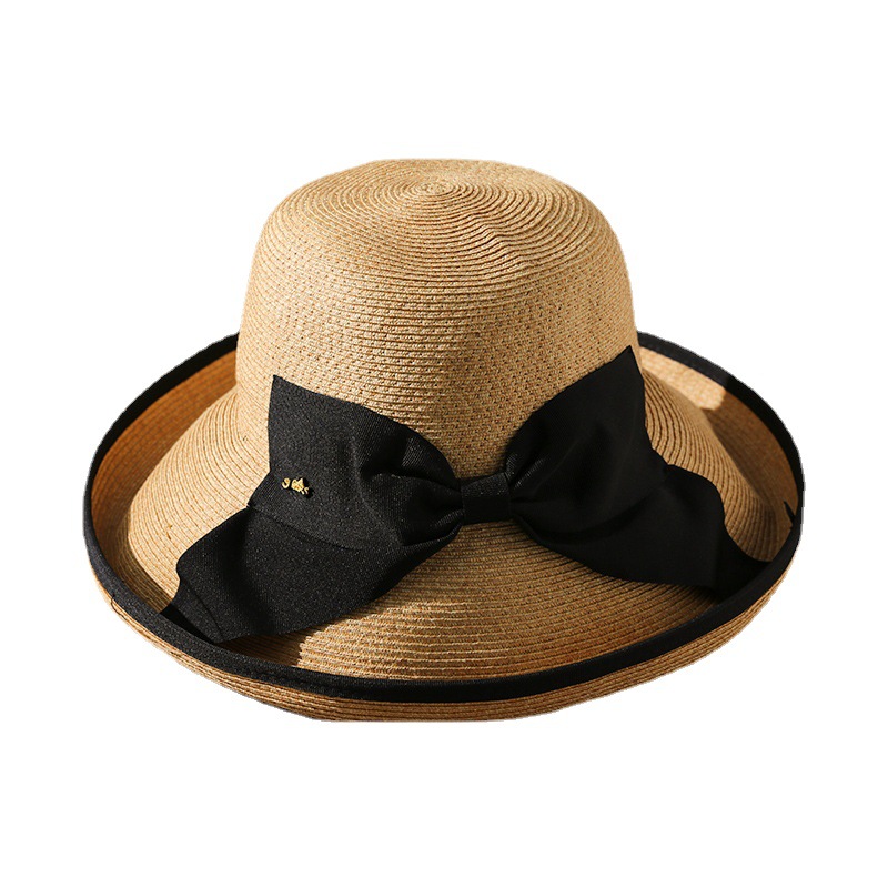 灵珑帽子女夏天大檐遮阳草帽可折叠蝴蝶结沙滩帽子时尚出游太阳帽